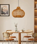Boho Wicker Pendant Light For Kitchen Island And Dining Table, Round Rattan Ceiling Fixture, 40cm By 35cm, over dining area