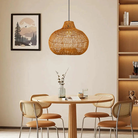 Boho Wicker Pendant Light For Kitchen Island And Dining Table, Round Rattan Ceiling Fixture, 40cm By 35cm, over dining area