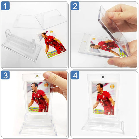 Magnetic Trading Card Holders 4 Pack With Acrylic Stands For MTG Sports Baseball Football And Game Cards Display And Storage Durable Card Protectors For Collectors And Fans; shows assembly and display of card in holder