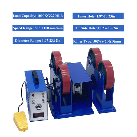 Heavy Duty Rotary Welding Positioner Tank Turner With 2200 Lb Load Capacity, featuring adjustable rollers for varied pipe sizes.