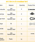 Chart listing components of Tough As Nails 304 Stainless Shade Sail Hardware Kit 6 Inch Matte Black with quantities and images.