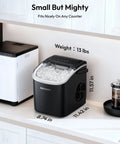 EUHOMY black countertop ice maker with handle; 26 lb/24h, 9-cube quick ice in 6 mins, auto-clean, basket and scoop.