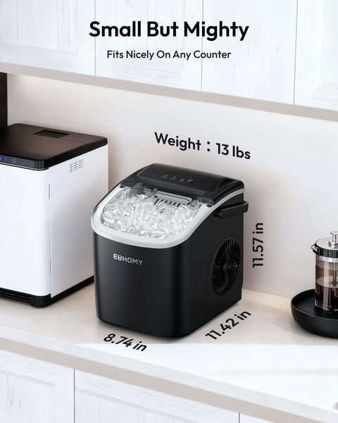 EUHOMY black countertop ice maker with handle; 26 lb/24h, 9-cube quick ice in 6 mins, auto-clean, basket and scoop.