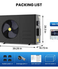Premium 83000 Btu Electric Pool Heater For Above Ground And Inground Pools With Advanced Evi Compressor, shown with control panel and packing list.