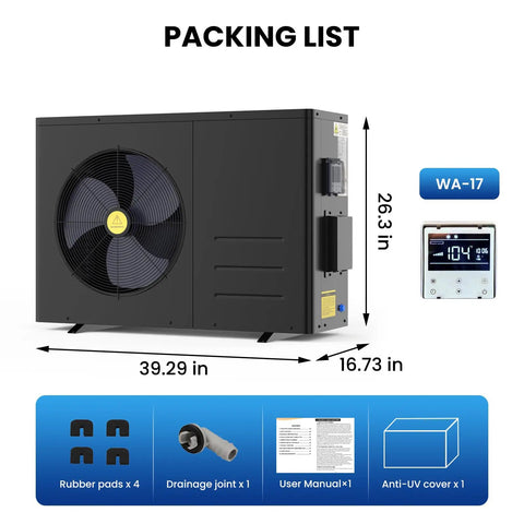 Premium 83000 Btu Electric Pool Heater For Above Ground And Inground Pools With Advanced Evi Compressor, shown with control panel and packing list.