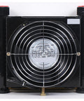 Front view of Plate Heat Exchanger With Electric Fan For Oil Cooling In Tooling Gearheads And Small Hydraulic Power Packs 12 24 Volt And 220 380 Volt Options Air Cooled Oil Cooler Radiator For Smooth Operation And Shock Absorption.