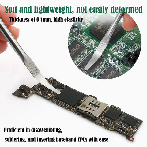Close-up of a spudger tool from 14 Piece Stainless Steel Dual End Spudger Pry Tool Kit For Pro Repairs on a circuit board.