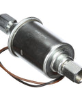 Universal Inline Diesel Fuel Pump For 12V Systems With OE Quality Durability And Extreme Temperature Tolerance From Minus 32 Celsius To Plus 65 Celsius Built For Heavy Duty Use And Beefed Up Aftermarket Replacement For Reliable Fuel Delivery, showing front angled view of metal body and wiring