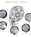Handheld High Pressure Rain Shower System With Full Body Coverage showing 5 spray functions including pause and massage
