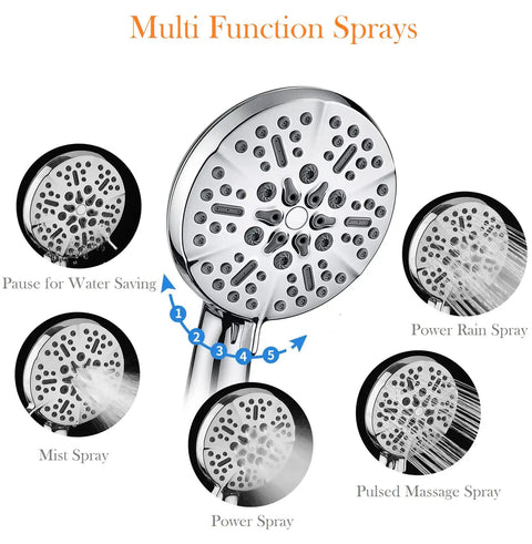 Handheld High Pressure Rain Shower System With Full Body Coverage showing 5 spray functions including pause and massage