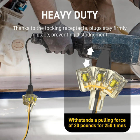 Super Heavy Duty 100 Ft Outdoor Extension Cord 12 AWG 3 Outlet Locking Plug With LED Indicator All Copper 15 Amp showing secure locking plug and receptacle.