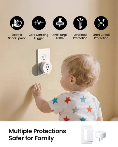 Child near wall using Remote Control Outlet Plug Switch With Buckle Design And Removable Wireless Light Switch No Wiring Needed 300 Ft Range 15 Amp 1500 Watt Programmable For Home Appliances Easy Plug And Play Convenience with safety icons displayed.