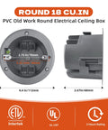Six Pack Groundable 4 Inch Old Work Ceiling Box Set, UL Listed Flush Mount PVC Junction Box, Round Electrical Box 18 Cu In Outlet Box, Durable PVC Ceiling Electrical Box for Home Improvement Projects front and side views with 4.4 in size