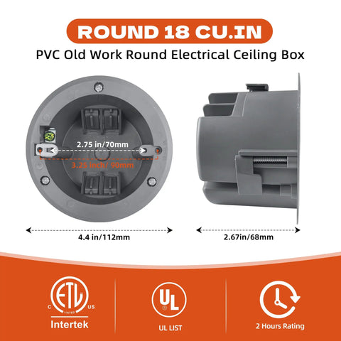 Six Pack Groundable 4 Inch Old Work Ceiling Box Set, UL Listed Flush Mount PVC Junction Box, Round Electrical Box 18 Cu In Outlet Box, Durable PVC Ceiling Electrical Box for Home Improvement Projects front and side views with 4.4 in size