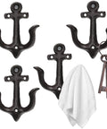 Nautical Sea Anchor Wall Hooks Set Of Four Cast Iron Vintage Coat Rack Heavy Duty Hangers For Bathroom Hallway Rustic Farmhouse Home Decor Built Different With Mounting Screws Black, featuring white towel and keys.