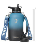 Half Gallon Insulated Water Jug With Comfy Grip Handle Keeps Your Drinks Ice Cold All Day Long No Fuss Carry Design, blue and black finish, carrying strap.