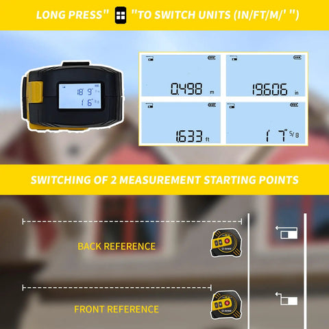 2-In-1 Laser Tape Measure With 262ft Range, Digital LCD Display showing unit switching options and measurement references.