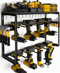 Power Tool Organizer Wall Mount With 8 Drill Slots And 3 Layer Heavy Duty Metal Storage For Garage Organization Tools Storage With Hooks Screwdriver And Hammer Holder Built For Pro Grade And DIY, loaded with various tools including drills and hammers, mounted on a wall.