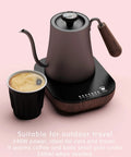 Keep Your Daily Joe Running Warm 240W Electric Coffee Mug Warmer With Seven Temp Settings Auto Shutoff Smart Desk Heater For Brew Tea Or Wax Melts In Sleek Black Walnut Design, featuring a black kettle and coffee cup.