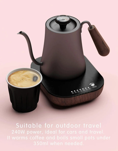 Keep Your Daily Joe Running Warm 240W Electric Coffee Mug Warmer With Seven Temp Settings Auto Shutoff Smart Desk Heater For Brew Tea Or Wax Melts In Sleek Black Walnut Design, featuring a black kettle and coffee cup.