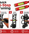 Plug And Play Berger Hole Archery Level Two Pack Slick Aluminum Aligner showing 3-step tuning process with red aluminum levels.