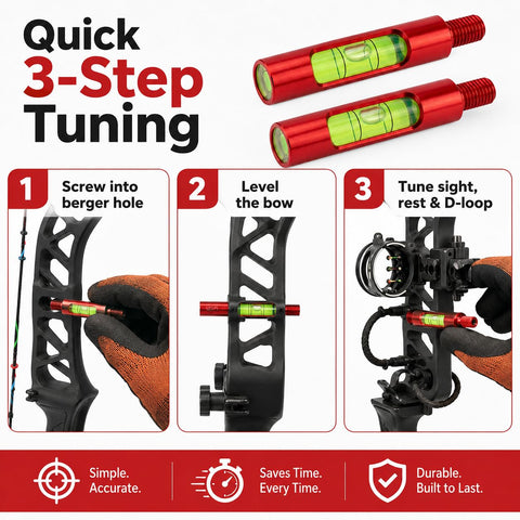 Plug And Play Berger Hole Archery Level Two Pack Slick Aluminum Aligner showing 3-step tuning process with red aluminum levels.