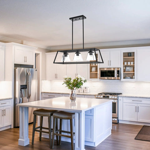 Farmhouse Chandelier Lighting Three Light Clear Glass Shade Pendant For Dining Room Foyer And Kitchen Island Rustic Black