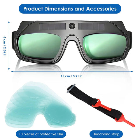 Top Shelf Auto Darkening Welding Goggles With Solar Powered True Color Lens For Grinding And Heavy Duty Projects Featuring Knockout Clear Vision and Rock Solid Impact Resistance, showing dimensions and accessories.