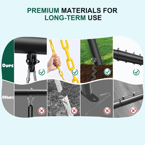Comparison of premium materials used in Heavy Duty Swing Set With 600Lb Capacity For Backyard Fun, A Frame Metal Swing Set.