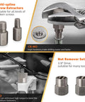 Multi-spline screw extractors and nut remover set from 50 Piece Bolt Extractor Set With Screw And Nut Removers, Heavy Duty All In One Drill Bit Kit For Removing Stripped Screws, Broken Studs, Frozen Bolts, Includes Left Hand Drill Bits, Spiral Extractors, Extension Bar And Ratchet Wrench.