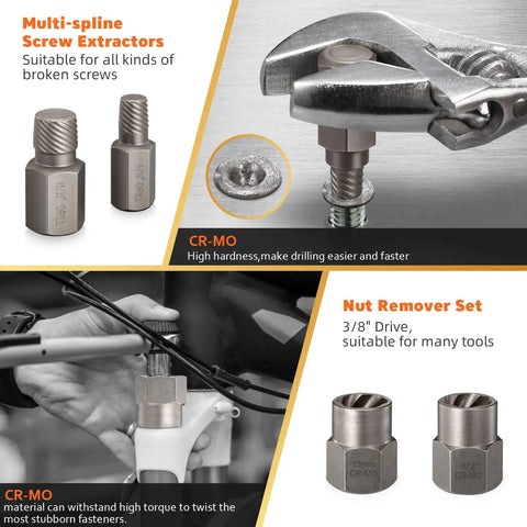 Multi-spline screw extractors and nut remover set from 50 Piece Bolt Extractor Set With Screw And Nut Removers, Heavy Duty All In One Drill Bit Kit For Removing Stripped Screws, Broken Studs, Frozen Bolts, Includes Left Hand Drill Bits, Spiral Extractors, Extension Bar And Ratchet Wrench.