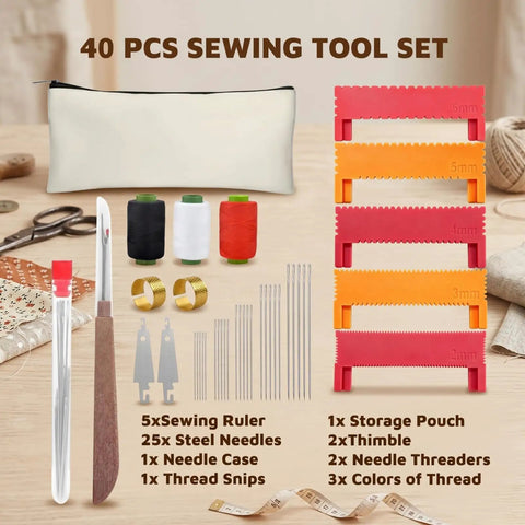 40 Piece Sewing Kit With Five Size Clip On Ruler Set Edge Stitch Quilting Templates Plus Needles Thread Needle Threaders And Seam Ripper for DIY projects