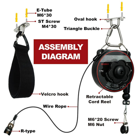 Universal Ev Charger Cable Retractor Features Slick Garage Cord Organizer For Level 2 Wall Or Ceiling Mount assembly diagram showing parts and label details.