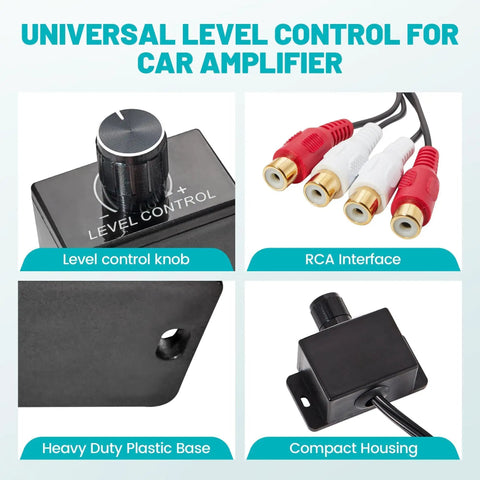 Universal Car Amplifier RCA Level Controller with control knob, RCA cables, plastic base, and compact housing for easy setup.