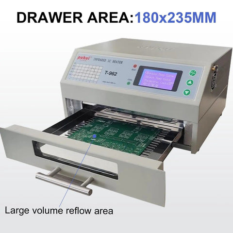 Efficient 110V 800W Infrared Reflow Oven For PCBs And BGA Soldering showing open tray with control panel