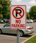 4 Pack 18 By 12 Inch No Parking Signs Made From Reflective Aluminum With Symbol, UV Protected, Rust Free, And Weather Resistant installed