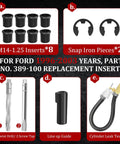 Ford Triton two-valve tool kit with eight M14-1.25 inserts and two snap iron pieces.