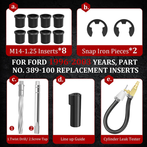 Ford Triton two-valve tool kit with eight M14-1.25 inserts and two snap iron pieces.