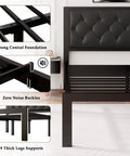 Detailed view of Quick Setup Full Size Metal Bed Frame With Faux Leather Tufted Headboard showcasing thick leg supports and noise-free slats.