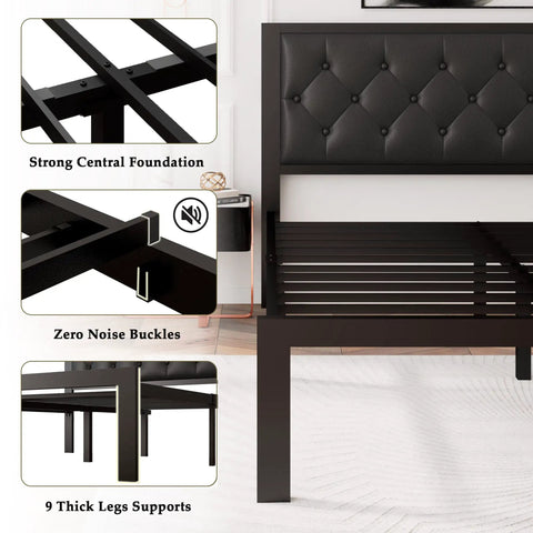 Detailed view of Quick Setup Full Size Metal Bed Frame With Faux Leather Tufted Headboard showcasing thick leg supports and noise-free slats.