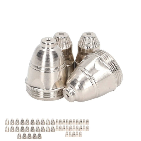 Heavy Duty 50 Piece Plasma Cutting Torch Consumable Kit With Copper Nozzles And Electrodes showing various copper nozzles for metalworking.