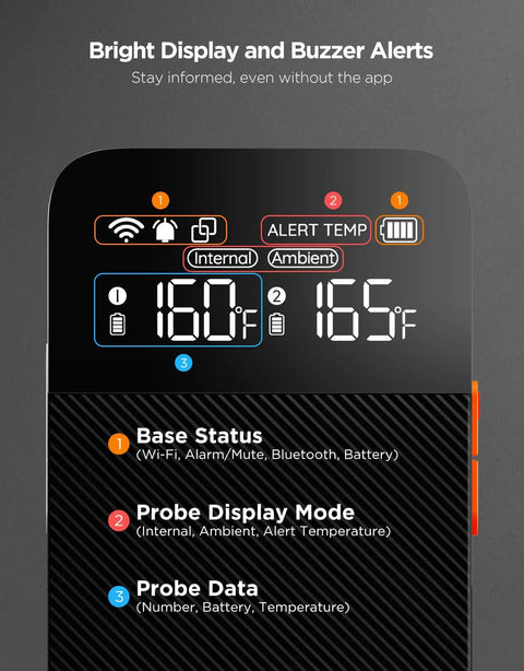 Dual Probe Smart Wireless Meat Thermometer With Bluetooth And WiFi Digital Oven Thermometer display showing temperature and alerts