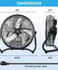 Dimensions of 18 Inch High Velocity Floor Fan With Remote Control, 8 Speeds, Quiet BLDC Motor, Tilt Head, Metal Housing.