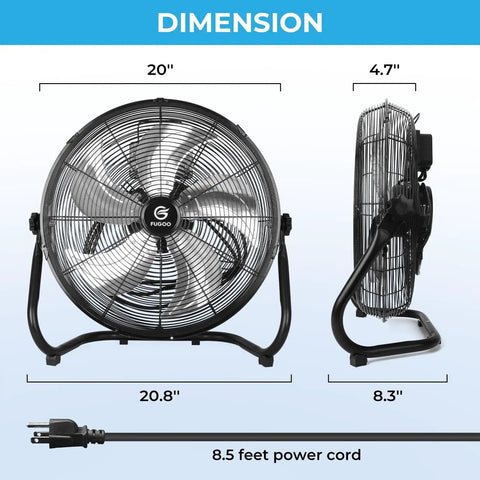 Dimensions of 18 Inch High Velocity Floor Fan With Remote Control, 8 Speeds, Quiet BLDC Motor, Tilt Head, Metal Housing.