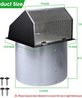 12 Inch Wall Vent Hood With Screen And Damper Cap for outdoor exhaust, black finish, shown with measurements and screws
