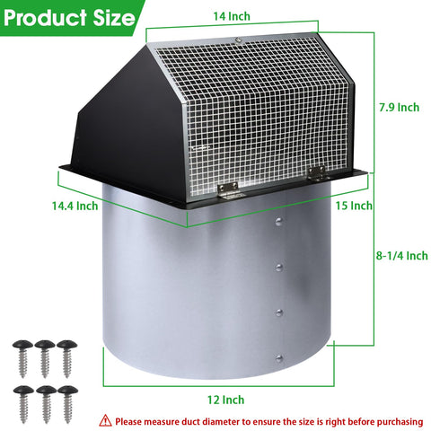 12 Inch Wall Vent Hood With Screen And Damper Cap for outdoor exhaust, black finish, shown with measurements and screws