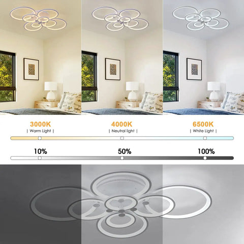 Cool 8-Ring LED Dimmable Ceiling Light With Remote, White Finish, color temperature options in a bedroom setting.