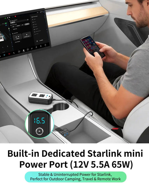 Plug Straight Into Your Ride With This Dope 300W Car Power Inverter Designed For Starlink Mini Users Plus Dual 110V AC Outlets Quick Type C Charging USB Ports And A Smart Digital Meter That Keeps Your Daily Commute Vibes Totally Smooth Today, showing built-in Starlink power port and smartphone use.