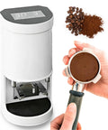 Automatic Electric Coffee Tamper For Espresso Bean Press Featuring Adjustable Pressure Control Plus Rugged Stainless Steel Construction For That Dope Barista Grade Pull Daily, showcasing white ergonomic design.