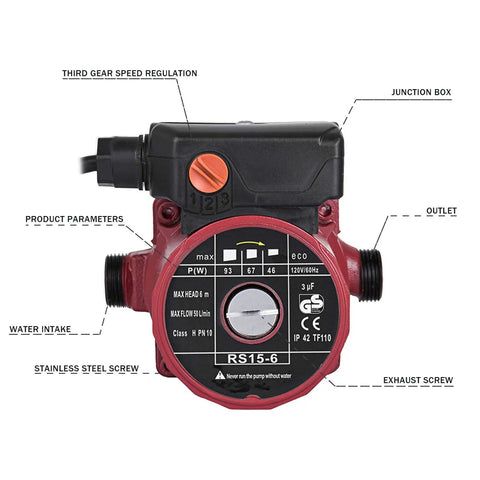 Front view of Hot Water Recirculating Pump With Brass 3/4 Inch NPT Fittings, 93W 110V Electric Water Heater Circulator showing controls.